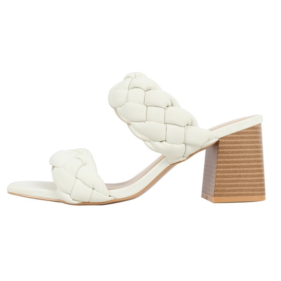 White Braided Open Toe Double Strap Stacked Heels - Picture 2 of 5